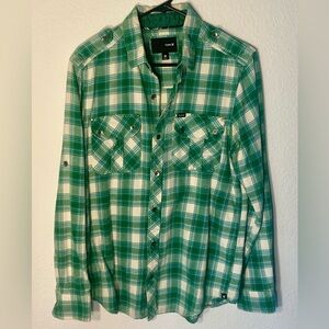 Hurley Green/White Plaid Button-Down Shirt, Size M
